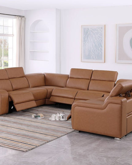 Chestnut Italian Leather Power Reclining U Shaped Eight Piece Corner Sectional With Console