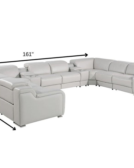 Light Gray Italian Leather Power Reclining U Shaped Ten Piece Corner Sectional With Console