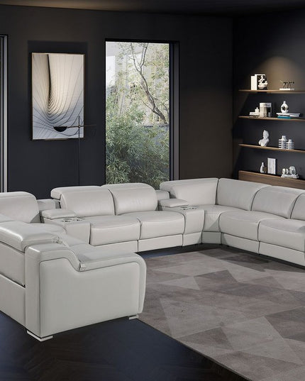 Light Gray Italian Leather Power Reclining U Shaped Ten Piece Corner Sectional With Console