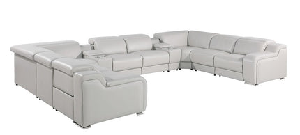 Light Gray Italian Leather Power Reclining U Shaped Ten Piece Corner Sectional With Console