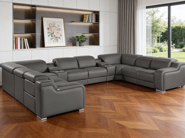 Dark Gray Italian Leather Power Reclining U Shaped Ten Piece Corner Sectional With Console