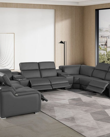 Dark Gray Italian Leather Power Reclining U Shaped Ten Piece Corner Sectional With Console