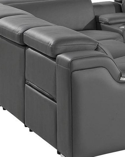Dark Gray Italian Leather Power Reclining U Shaped Ten Piece Corner Sectional With Console