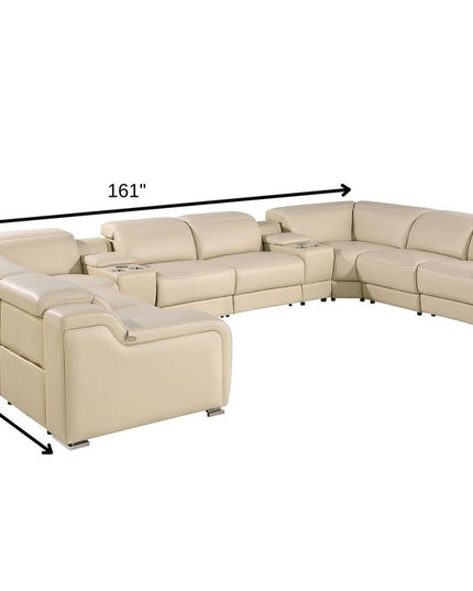 Beige Italian Leather Power Reclining U Shaped Ten Piece Corner Sectional With Console