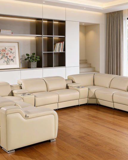 Beige Italian Leather Power Reclining U Shaped Ten Piece Corner Sectional With Console