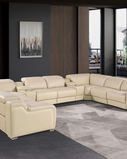 Beige Italian Leather Power Reclining U Shaped Ten Piece Corner Sectional With Console