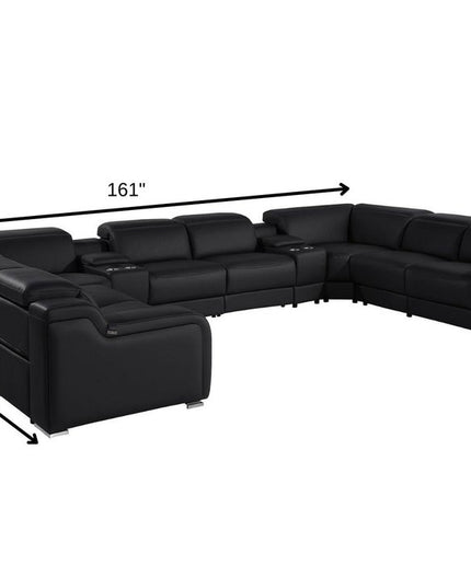 Black Italian Leather Power Reclining U Shaped Ten Piece Corner Sectional With Console