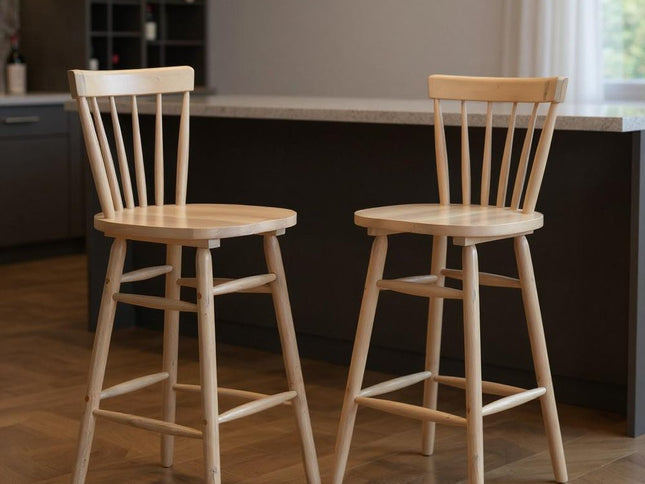 Set of Two Natural Solid Manufactured Wood and Wood Low Back Bar Chairs