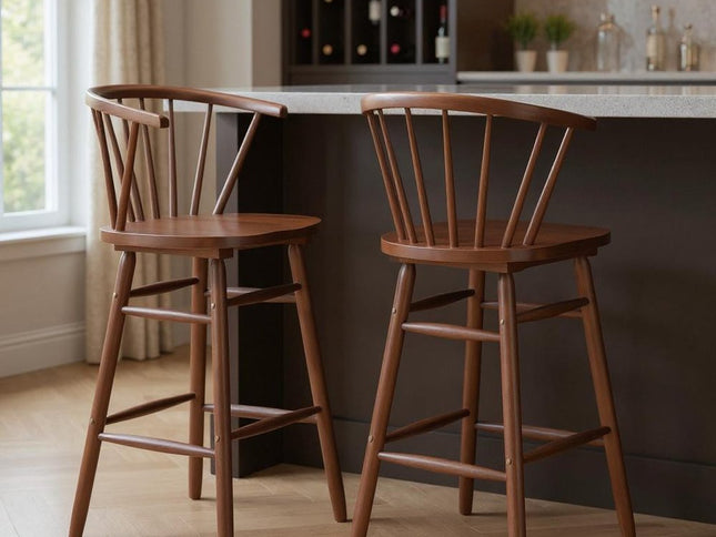 Set of Two Walnut Solid Manufactured Wood and Wood Low Back Bar Chairs