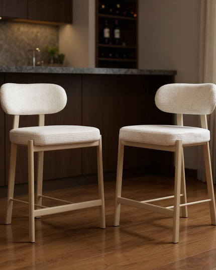 Set of Two Gray Wood and Fabric Low Back Bar Chairs