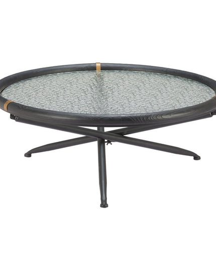 40" Black Glass and Solid Wood Round Sled Coffee Table