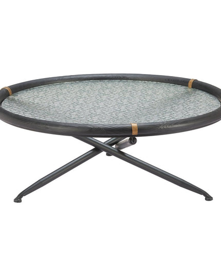 40" Black Glass and Solid Wood Round Sled Coffee Table