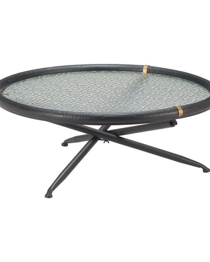 40" Black Glass and Solid Wood Round Sled Coffee Table