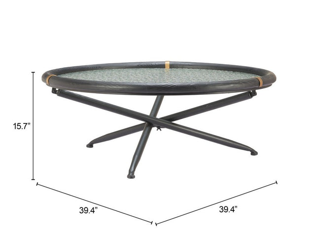 40" Black Glass and Solid Wood Round Sled Coffee Table