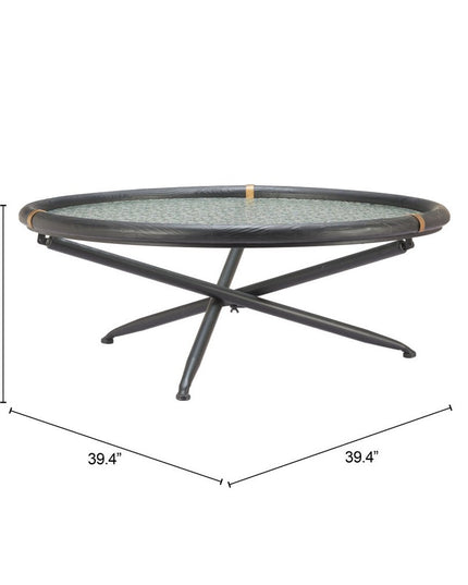 40" Black Glass and Solid Wood Round Sled Coffee Table