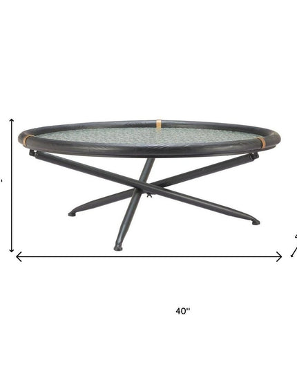 40" Black Glass and Solid Wood Round Sled Coffee Table
