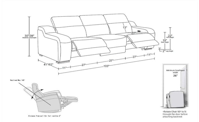 103" Light Gray Italian Leather Reclining USB Sofa