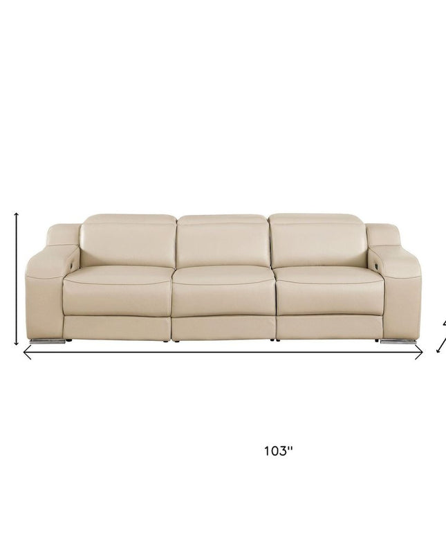 103" Light Gray Italian Leather Reclining USB Sofa