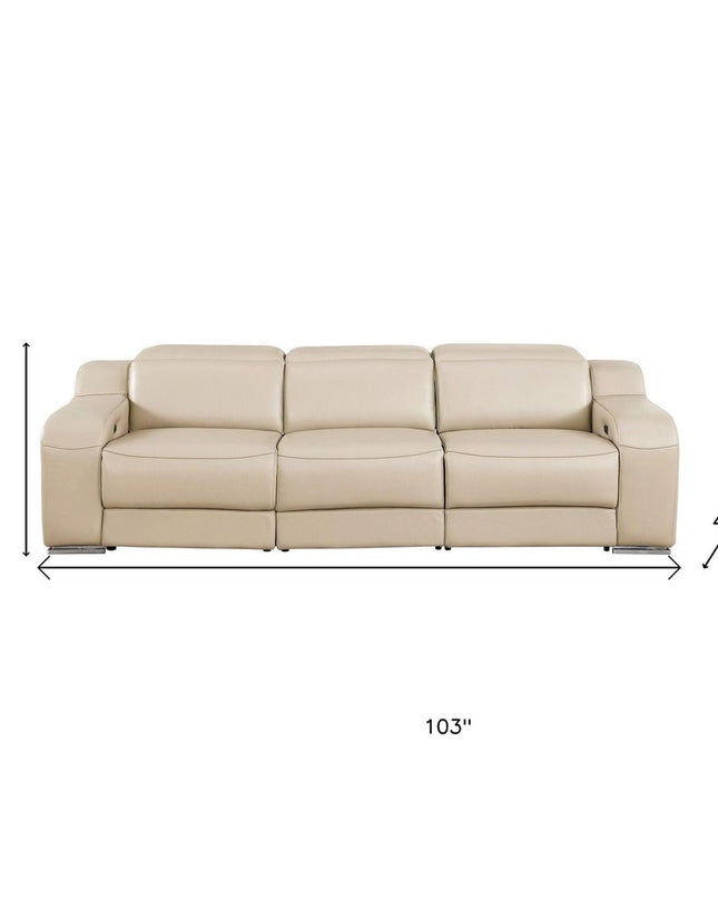 103" Light Gray Italian Leather Reclining USB Sofa