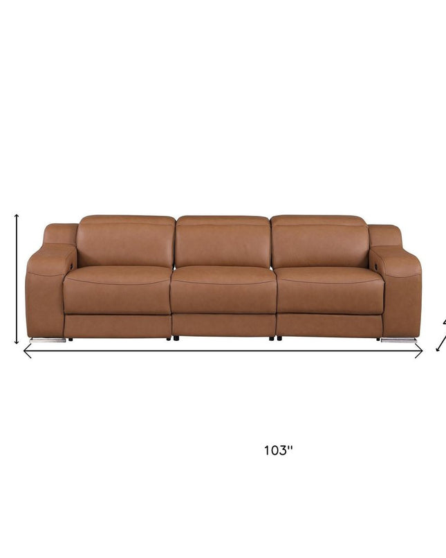 103" Light Gray Italian Leather Reclining USB Sofa