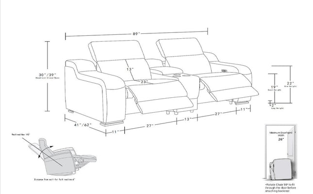 103" Light Gray Italian Leather Reclining USB Sofa