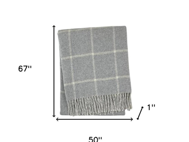 50" X 67" Light Gray And White Cotton Blend Woven Plaid Throw Blanket with Fringe