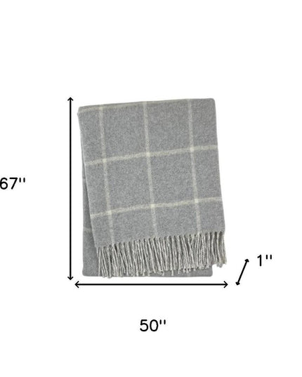 50" X 67" Light Gray And White Cotton Blend Woven Plaid Throw Blanket with Fringe