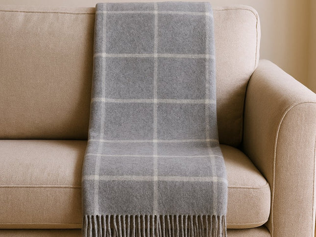 50" X 67" Light Gray And White Cotton Blend Woven Plaid Throw Blanket with Fringe