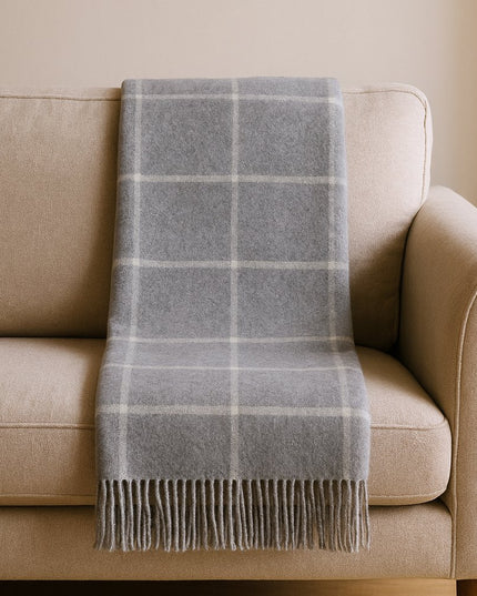 50" X 67" Light Gray And White Cotton Blend Woven Plaid Throw Blanket with Fringe