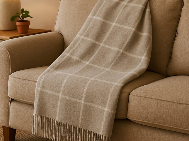 50" X 67" Sand And White Cotton Blend Woven Plaid Throw Blanket with Fringe