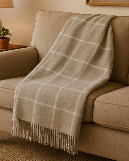 50" X 67" Sand And White Cotton Blend Woven Plaid Throw Blanket with Fringe