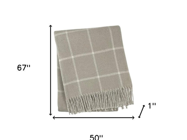 50" X 67" Sand And White Cotton Blend Woven Plaid Throw Blanket with Fringe