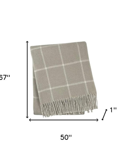 50" X 67" Sand And White Cotton Blend Woven Plaid Throw Blanket with Fringe