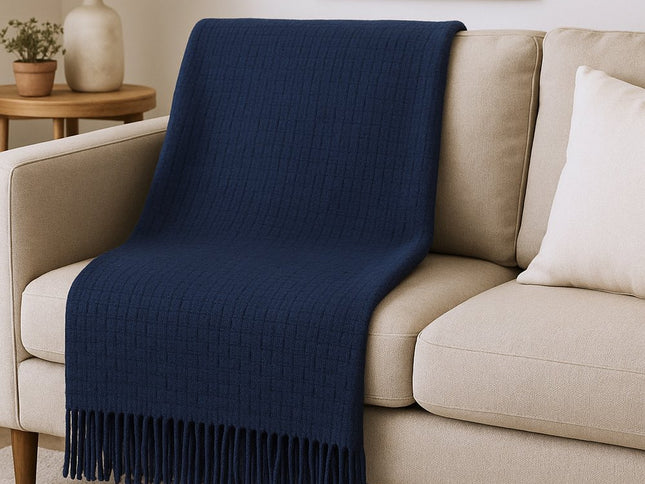 50" X 67" Navy Blue Cotton Blend Woven Throw Blanket with Fringe
