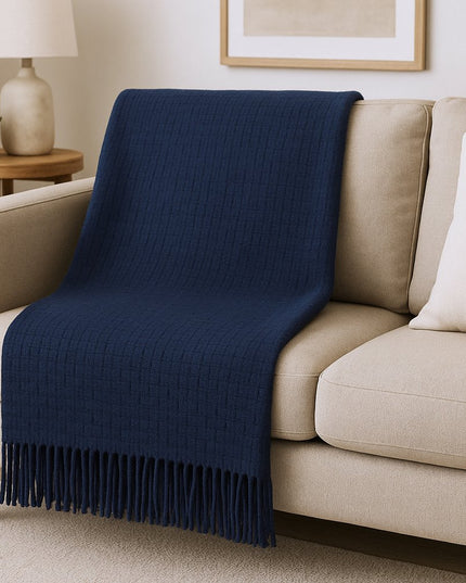 50" X 67" Navy Blue Cotton Blend Woven Throw Blanket with Fringe