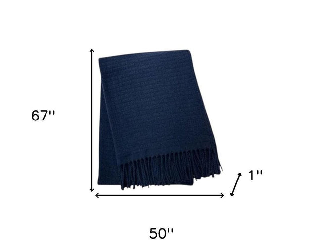 50" X 67" Navy Blue Cotton Blend Woven Throw Blanket with Fringe