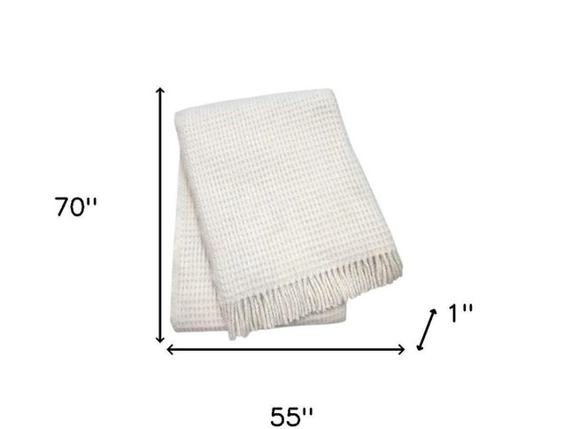 55" X 70" Cream Cotton Blend Waffle Weave Throw Blanket with Fringe