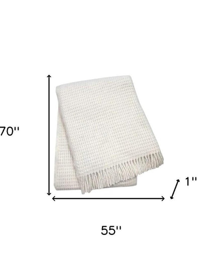 55" X 70" Cream Cotton Blend Waffle Weave Throw Blanket with Fringe