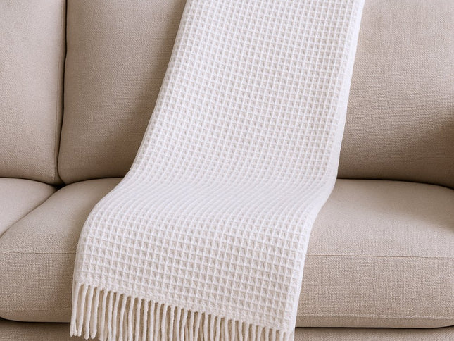 55" X 70" Cream Cotton Blend Waffle Weave Throw Blanket with Fringe