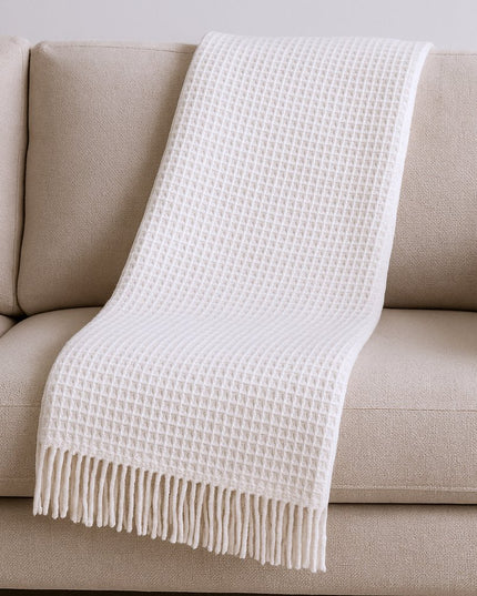 55" X 70" Cream Cotton Blend Waffle Weave Throw Blanket with Fringe
