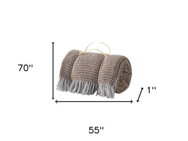 55" X 70" Chocolate And Gray Cotton Blend Woven Checkered Plush Throw Blanket with Fringe