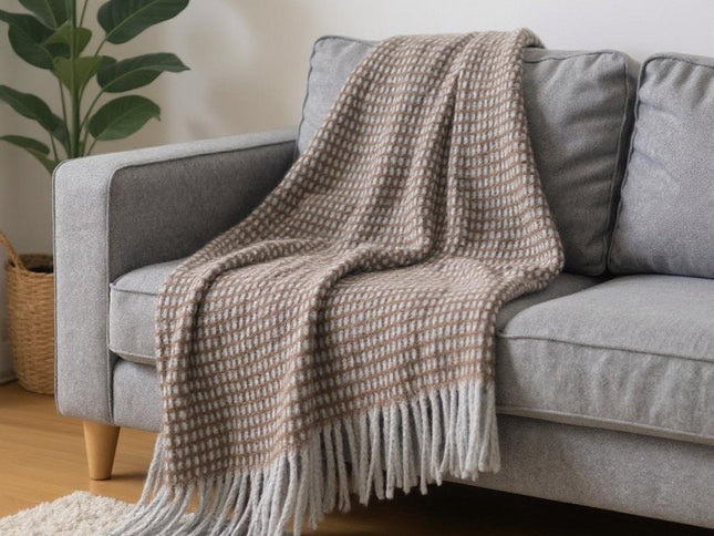 55" X 70" Chocolate And Gray Cotton Blend Woven Checkered Plush Throw Blanket with Fringe