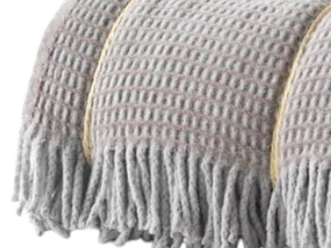 55" X 70" Taupe And Gray Cotton Blend Woven Checkered Plush Throw Blanket with Fringe