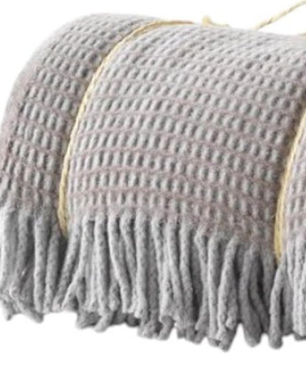 55" X 70" Taupe And Gray Cotton Blend Woven Checkered Plush Throw Blanket with Fringe