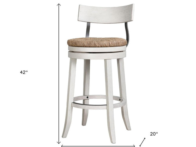 Brown and White Rattan and Solid Wood Low Back Bar Height Swivel Bar Chair