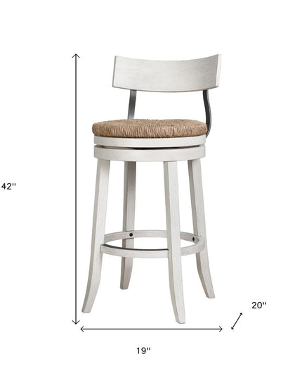 Brown and White Rattan and Solid Wood Low Back Bar Height Swivel Bar Chair