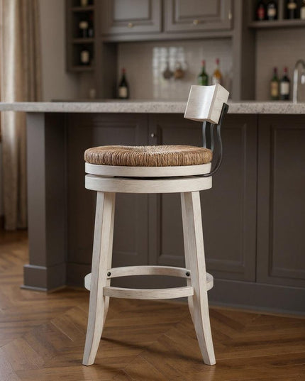 Brown and White Rattan and Solid Wood Low Back Bar Height Swivel Bar Chair