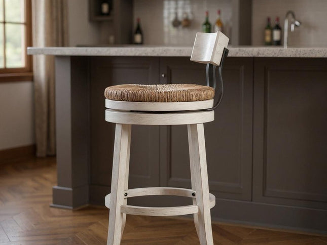 Brown and White Rattan and Solid Wood Low Back Bar Height Swivel Bar Chair