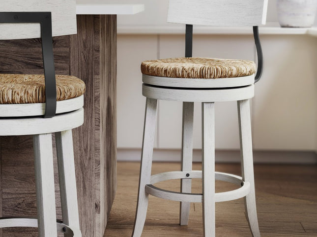 Brown and White Rattan and Solid Wood Low Back Bar Height Swivel Bar Chair