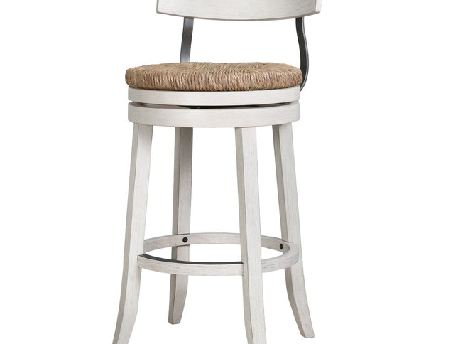 Brown and White Rattan and Solid Wood Low Back Bar Height Swivel Bar Chair